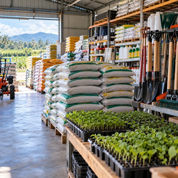 Farm supplies and tools in a Philippine agricultural warehouse