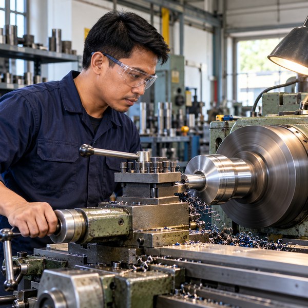 Filipino machinist operating a precision lathe