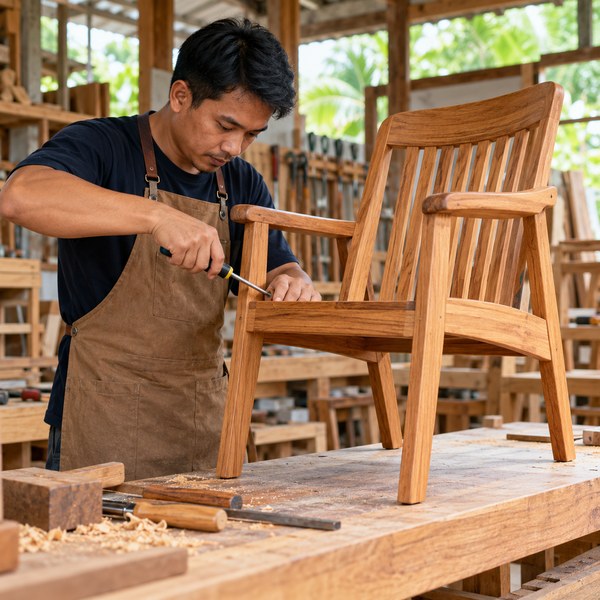 Woodworker assembling a wooden chair