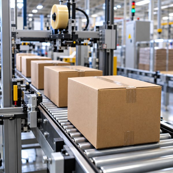 Corrugated boxes on a packaging production line