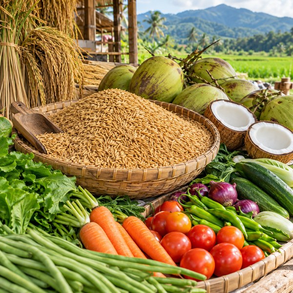 Harvested rice grain, coconuts and fresh vegetables neatly presented at a farm produce stall