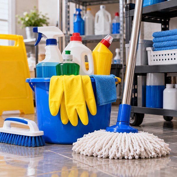 Cleaning bottles, mop and gloves in a neat janitorial supply display
