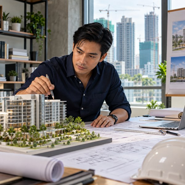 Filipino architect examining a building model and plans at a professional desk